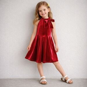 GB Girls Sleeveless Tied-Bow Halter Neck Velvet Pleated Shift Dress Scarlet Sz 6